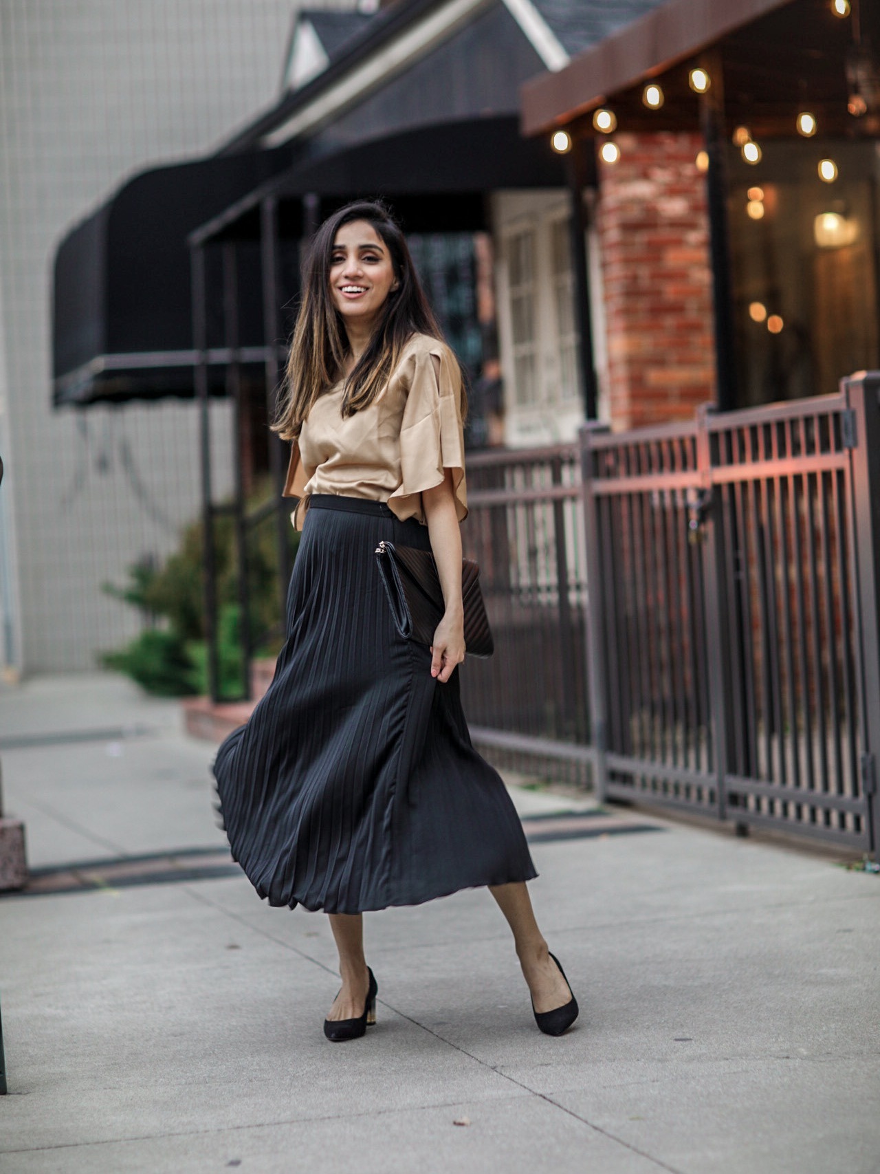 Holiday Outfits Roundup 2019 black pleated skirt fluid satin slit-sleeve  blouse Faiza Inam 2 | Sincerely Humble