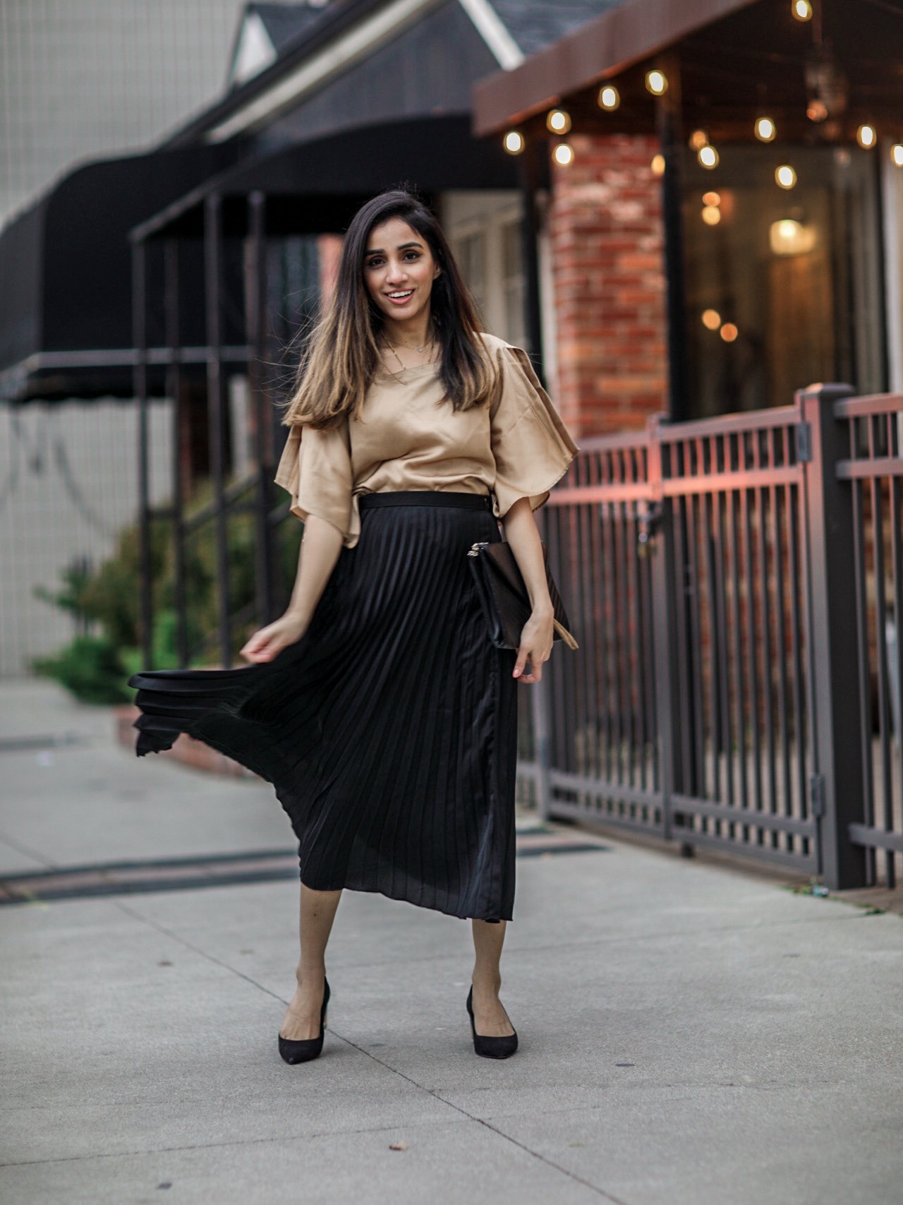 What to Wear at Thanksgiving Family Dinner pleated skirt black silk blouse  2 | Sincerely Humble